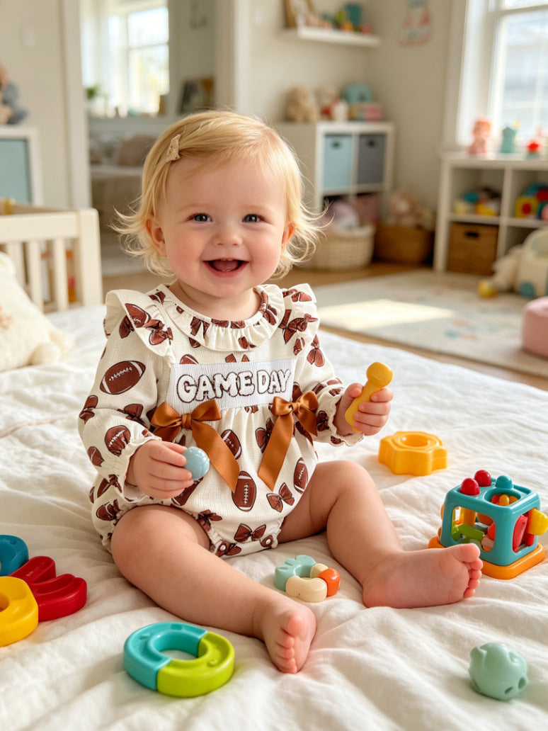 Wholesale 0-18M Baby Girls Ruffle Football Print Waffle Knit Bodysuit, Soft Game Day Long Sleeve Halloween Romper