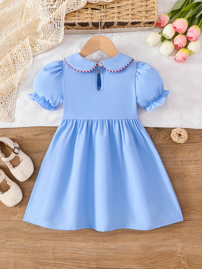 Wholesale 2-7Y Girls Peter Pan Collar ABC Apple Towel Embroidery Woven Dress, Kids Soft Waffle Smocked Back To School Casual Dress