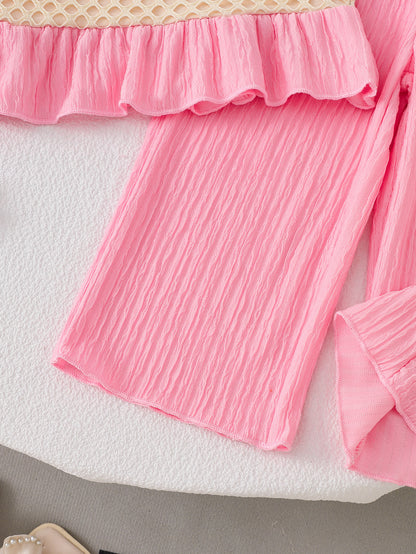 Wholesale 6M-4T Girls 2Pcs 3D Flower Mesh Cami Top Wide Leg Pants Outfit Set, Kids Soft Crinkle Fabric Summer Casual Two Piece Set