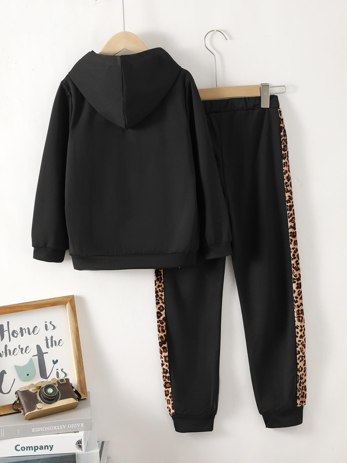 8-14Y Ready Stock 2pcs Girls Chic Clothes Leopard Graphic Hoodie Sweatshirt Top & Casual Side Taping Sweat Pants Trousers Set For Sports Leisure Vacation Outwear Kids Spring Fall Outfit Black Catpapa 462304003