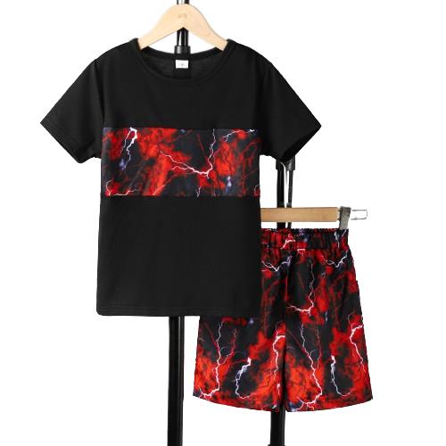 7-15Y Ready Stock Kids Boys Clothes Lighting Print Splice Summer T-shirts Elastic Shorts 2PCS Outfits Sets Black Catpapa 462306010