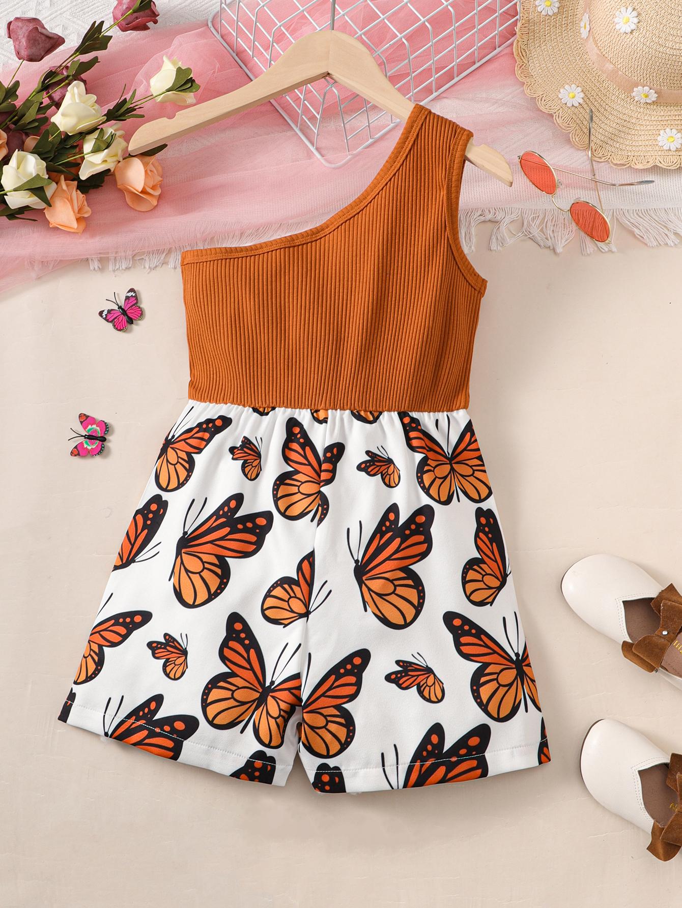 5-14Y Ready Stock Kids Clothes Girls Jumpsuits One Shoulder Splice Bodysuits One Piece Butterfly Print Summer Jumpsuits Brown Catpapa 462303024