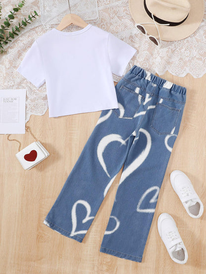 7-14Y Retro Figure Print 2pcs Girl's Short Sleeve T-Shirt Top + Heart Pattern Jeans Casual Pants Set, Summer Girls Outfit 7-14y Catpapa 462312024