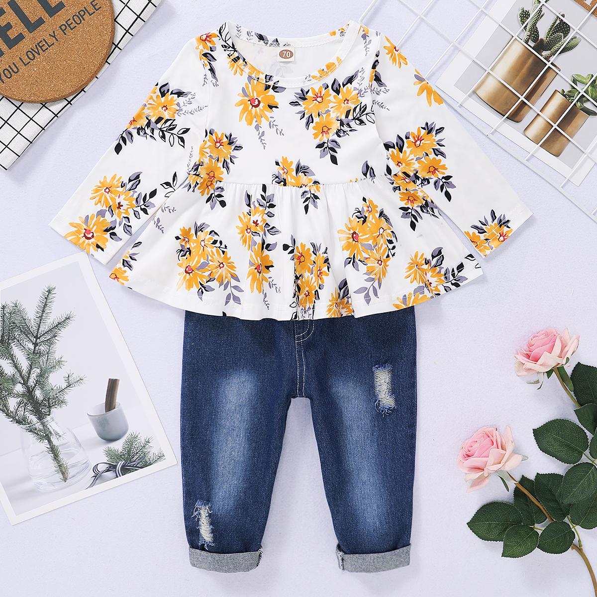 3-18M kid fashion girls Clothes Floral Print Tops Ripped Jeans Pant Outfit 2PCS Catpapa WL20071262-1