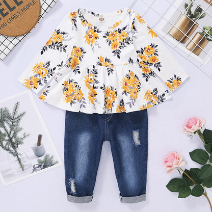 3-18M kid fashion girls Clothes Floral Print Tops Ripped Jeans Pant Outfit 2PCS Catpapa WL20071262-1