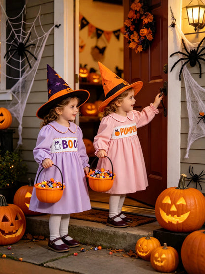 Wholesale 18M-6Y Girls Peter Pan Collar Halloween Smocked Embroidery Woven Dress, Kids Soft Long Sleeve Halloween Casual Dress