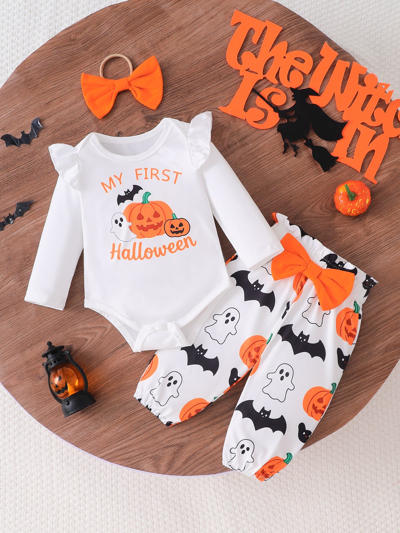 Wholesale 0-18M Baby Girls 3Pcs Ruffle Sleeve Halloween Print Bodysuit Outfit Set, Soft Cotton Knit Pumpkin Skull Ghost Long Sleeve Romper Pants With Bow Headband