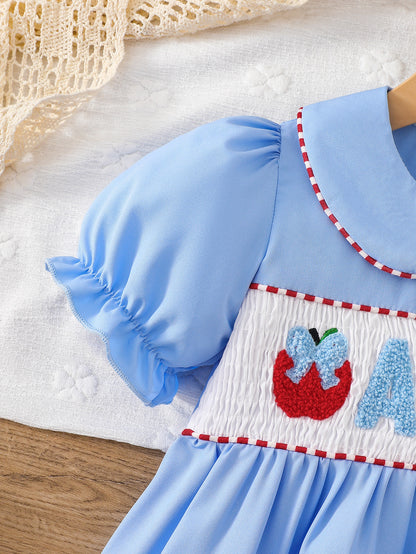 Wholesale 2-7Y Girls Peter Pan Collar ABC Apple Towel Embroidery Woven Dress, Kids Soft Waffle Smocked Back To School Casual Dress