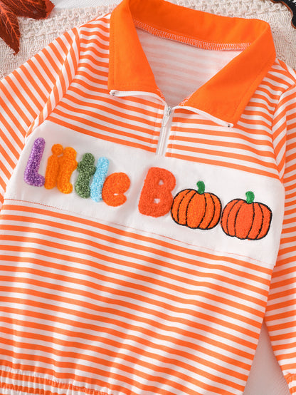 Wholesale 6M-4T Boys Striped Half Zip Polo Sweatshirt, Soft Knit Halloween Ghost Pumpkin Towel Embroidery Long Sleeve Top