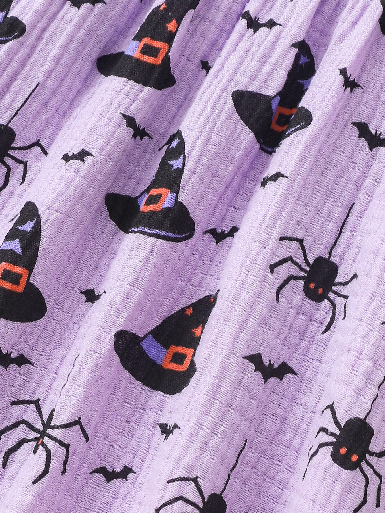 Wholesale 6M-4T Girls Square Neck Halloween Print Smocked Long Sleeve Dress, Soft Crinkle Woven Toddler A-Line Casual Dress