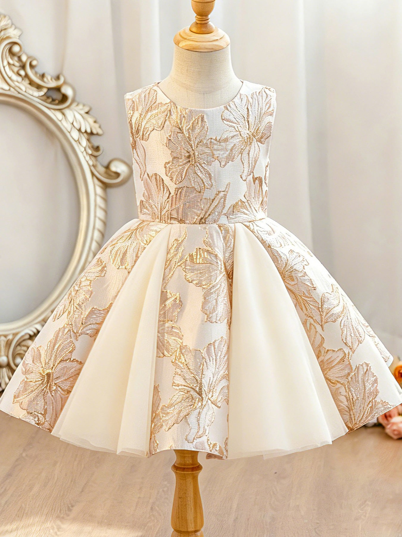 Wholesale 2-10Y Girls Sleeveless Gold Floral Jacquard Tulle Princess Dress, Kids Birthday Party Soft Woven Formal Gown