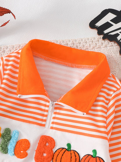 Wholesale 6M-4T Boys Striped Half Zip Polo Sweatshirt, Soft Knit Halloween Ghost Pumpkin Towel Embroidery Long Sleeve Top