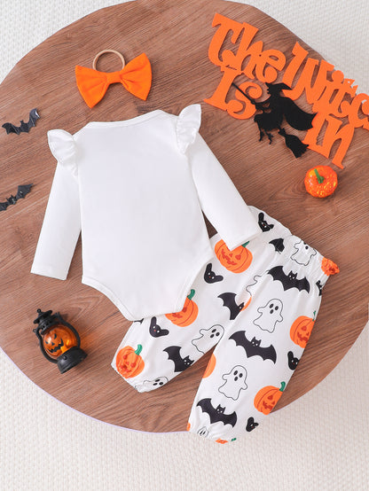 Wholesale 0-18M Baby Girls 3Pcs Ruffle Sleeve Halloween Print Bodysuit Outfit Set, Soft Cotton Knit Pumpkin Skull Ghost Long Sleeve Romper Pants With Bow Headband