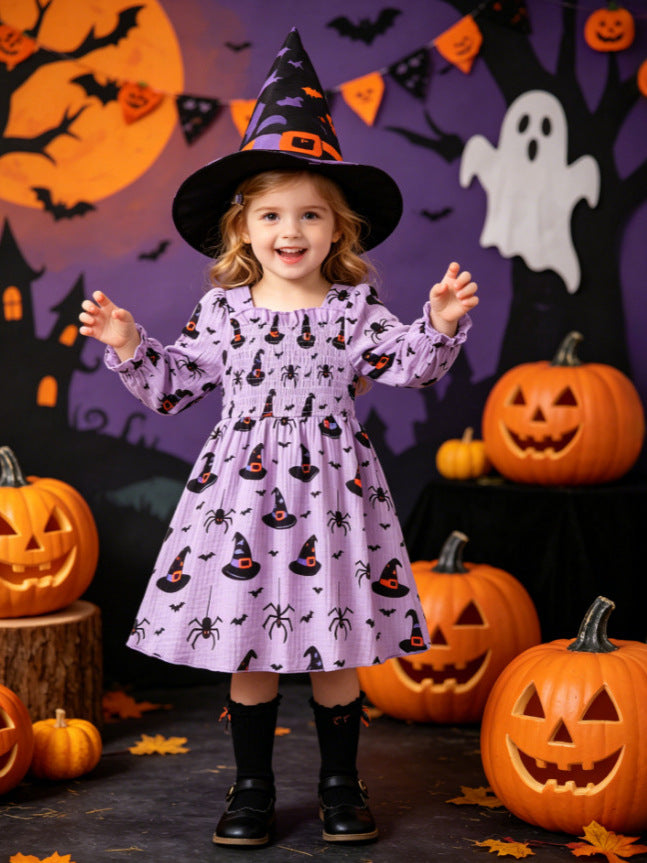 Wholesale 6M-4T Girls Square Neck Halloween Print Smocked Long Sleeve Dress, Soft Crinkle Woven Toddler A-Line Casual Dress