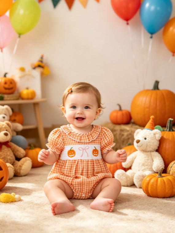 Wholesale 0-18M Baby Girls Ruffle Collar Orange Gingham Pumpkin Embroidery Bodysuit, Soft Woven Halloween Short Sleeve Romper