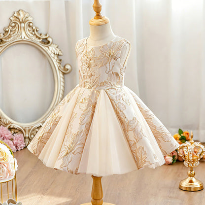 Wholesale 2-10Y Girls Sleeveless Gold Floral Jacquard Tulle Princess Dress, Kids Birthday Party Soft Woven Formal Gown