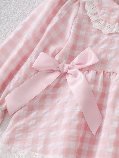 Wholesale 6M-4T Girls 2Pcs Gingham Lace Bow Long Sleeve Pajama Set, Kids Soft Woven Plaid Sweet Loungewear Outfit
