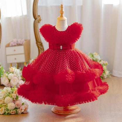 Wholesale 18M-7Y Girls Ruffle Tulle Polka Dot Princess Dress, Kids Birthday Party Rhinestone Bow Soft Mesh Formal Gown