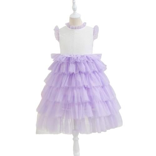 4-12Y Ready Stock Sweet Girls Splicing Sleeveless Gauze Layered Tutu Dress Mesh Dress Summer Party Gift Size: 4T-12Y Purple Catpapa YS05-1