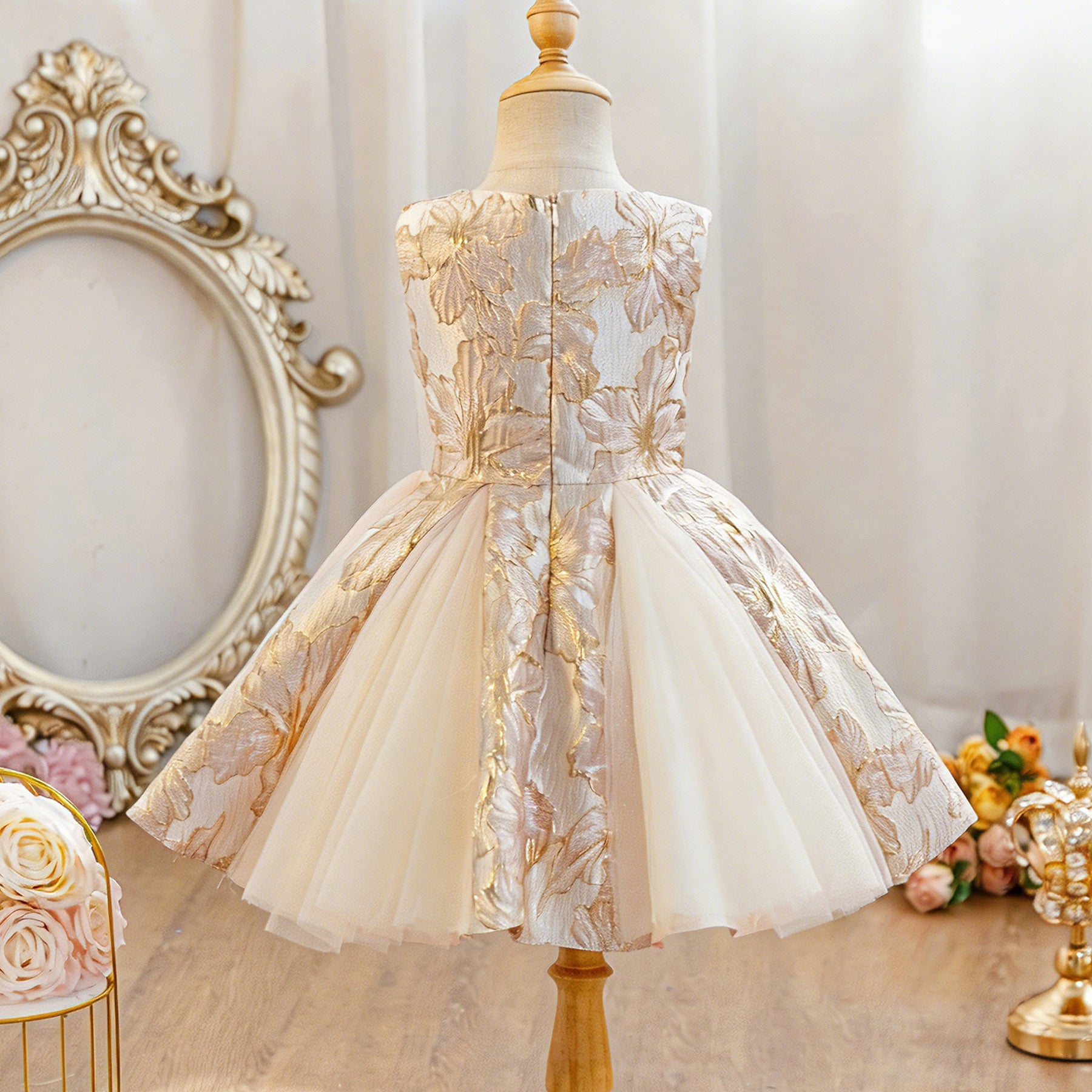 Wholesale 2-10Y Girls Sleeveless Gold Floral Jacquard Tulle Princess Dress, Kids Birthday Party Soft Woven Formal Gown