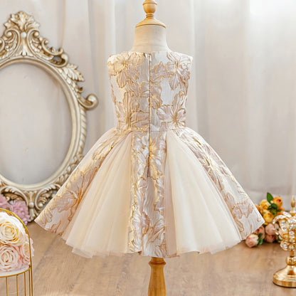 Wholesale 2-10Y Girls Sleeveless Gold Floral Jacquard Tulle Princess Dress, Kids Birthday Party Soft Woven Formal Gown