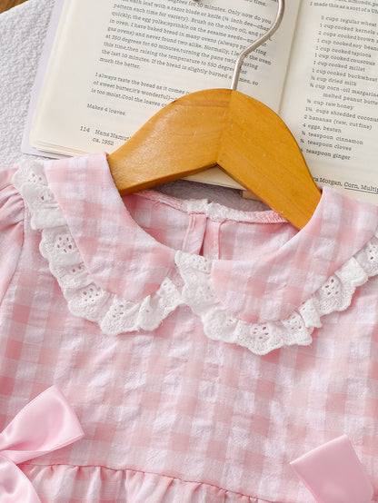 Wholesale 6M-4T Girls 2Pcs Gingham Lace Bow Long Sleeve Pajama Set, Kids Soft Woven Plaid Sweet Loungewear Outfit