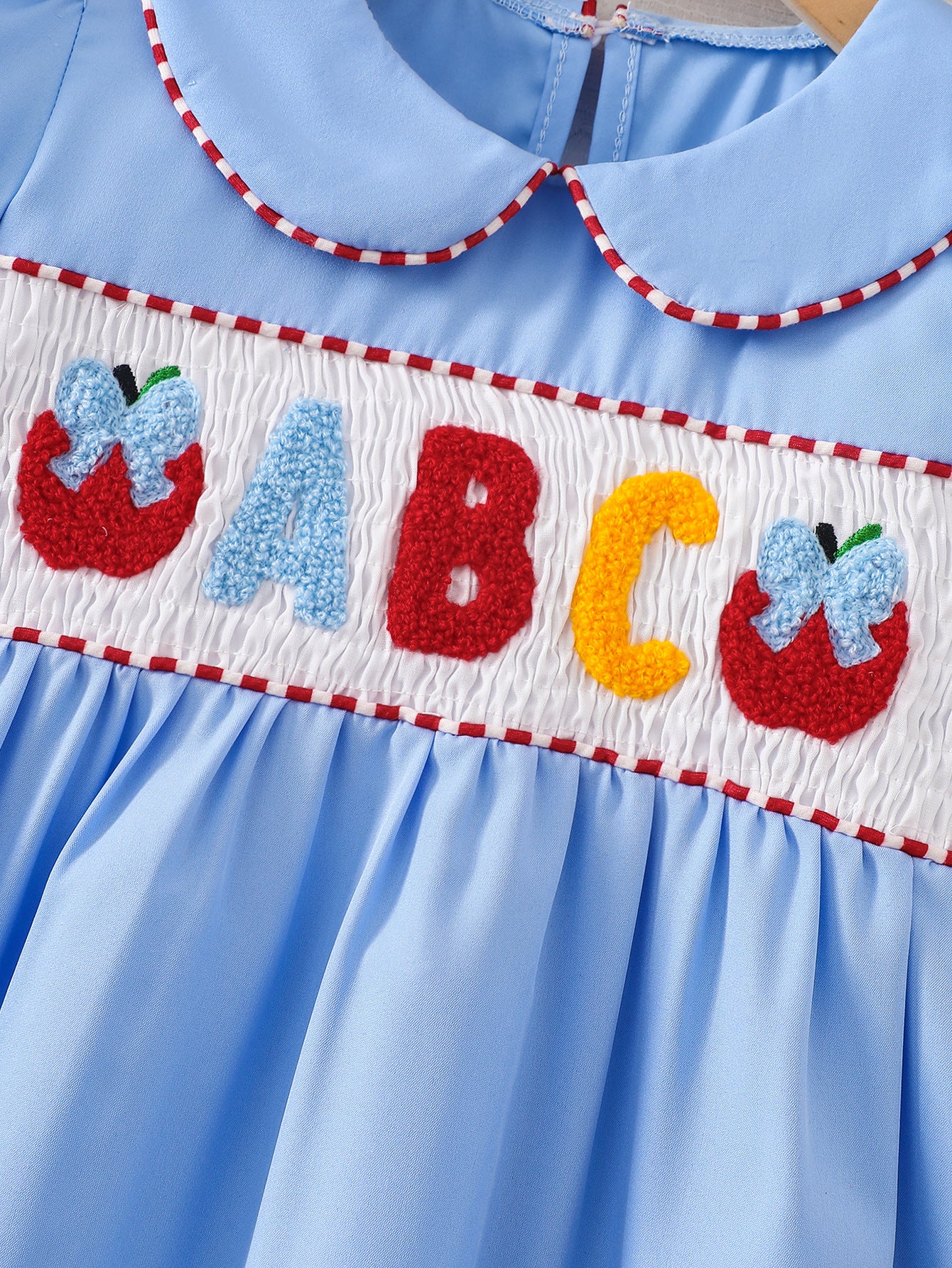 Wholesale 2-7Y Girls Peter Pan Collar ABC Apple Towel Embroidery Woven Dress, Kids Soft Waffle Smocked Back To School Casual Dress