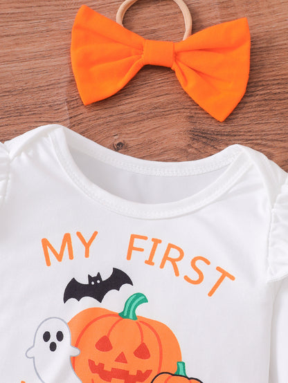 Wholesale 0-18M Baby Girls 3Pcs Ruffle Sleeve Halloween Print Bodysuit Outfit Set, Soft Cotton Knit Pumpkin Skull Ghost Long Sleeve Romper Pants With Bow Headband