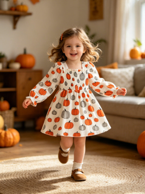 Wholesale 6M-4T Girls Square Neck Halloween Print Smocked Long Sleeve Dress, Soft Crinkle Woven Toddler A-Line Casual Dress