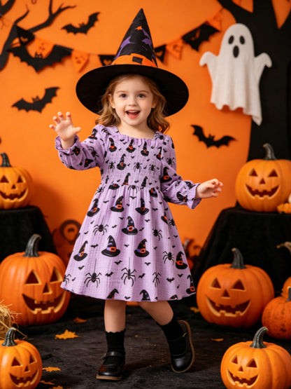 Wholesale 6M-4T Girls Square Neck Halloween Print Smocked Long Sleeve Dress, Soft Crinkle Woven Toddler A-Line Casual Dress