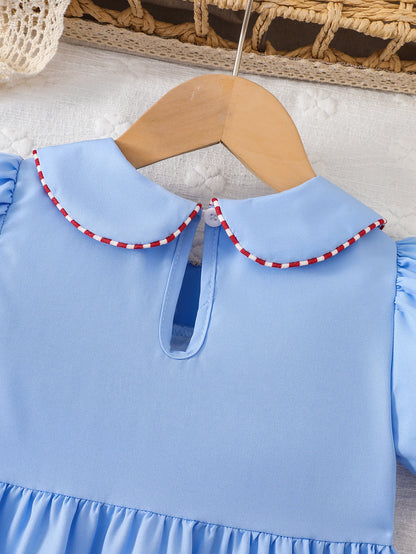 Wholesale 2-7Y Girls Peter Pan Collar ABC Apple Towel Embroidery Woven Dress, Kids Soft Waffle Smocked Back To School Casual Dress