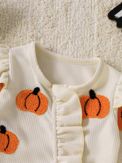 Wholesale 0-18M Baby Girls 2Pcs Ruffle Zipper Halloween Towel Embroidery Jumpsuit Set, Soft Waffle Knit Pumpkin Ghost Romper With Bow Headband