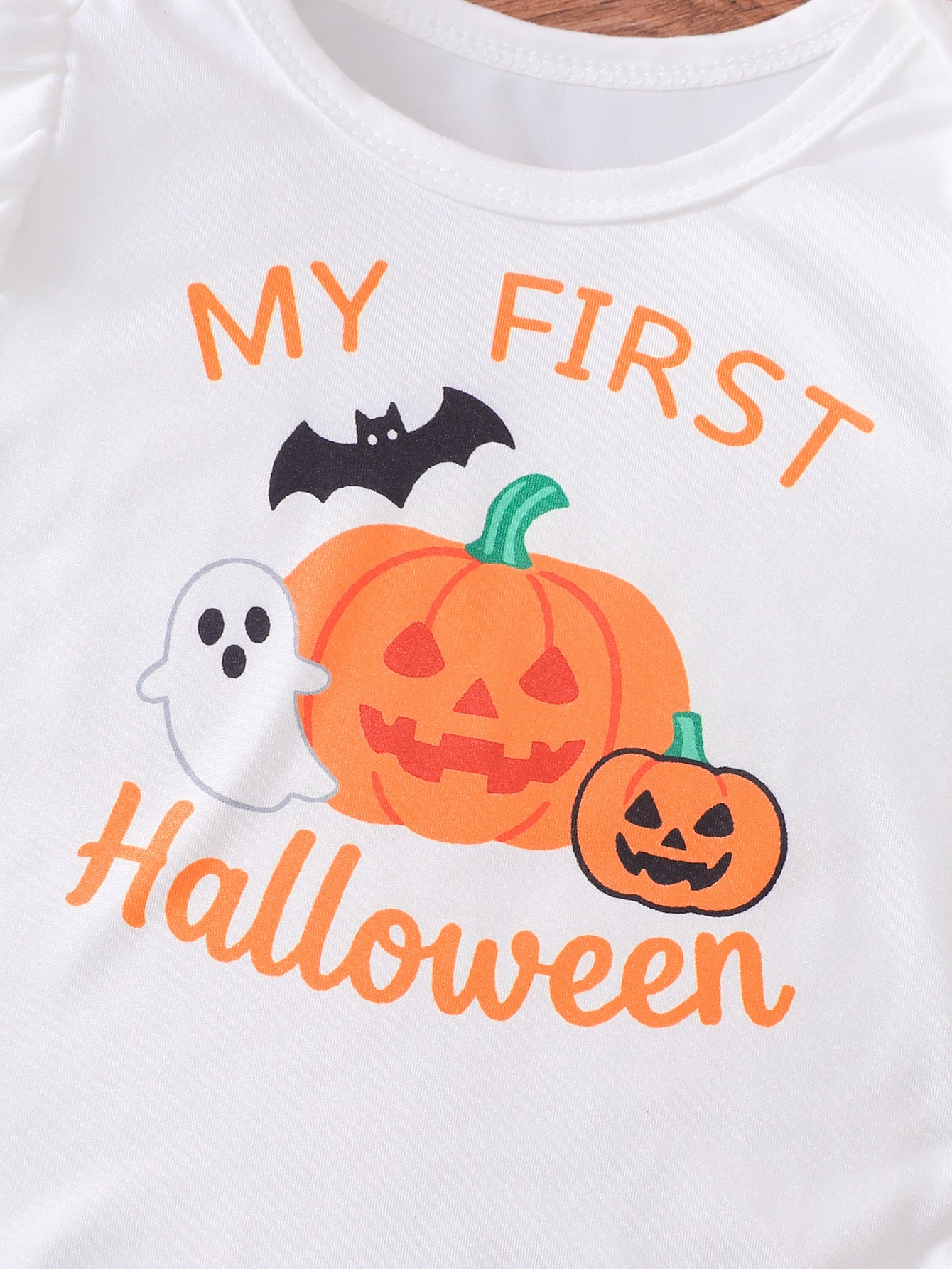 Wholesale 0-18M Baby Girls 3Pcs Ruffle Sleeve Halloween Print Bodysuit Outfit Set, Soft Cotton Knit Pumpkin Skull Ghost Long Sleeve Romper Pants With Bow Headband
