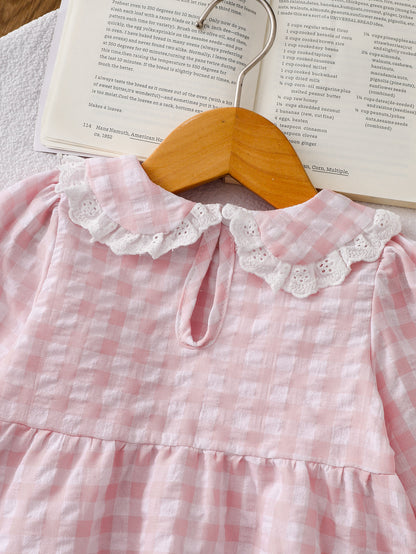 Wholesale 6M-4T Girls 2Pcs Gingham Lace Bow Long Sleeve Pajama Set, Kids Soft Woven Plaid Sweet Loungewear Outfit