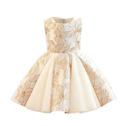 Wholesale 2-10Y Girls Sleeveless Gold Floral Jacquard Tulle Princess Dress, Kids Birthday Party Soft Woven Formal Gown