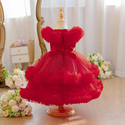 Wholesale 18M-7Y Girls Ruffle Tulle Polka Dot Princess Dress, Kids Birthday Party Rhinestone Bow Soft Mesh Formal Gown