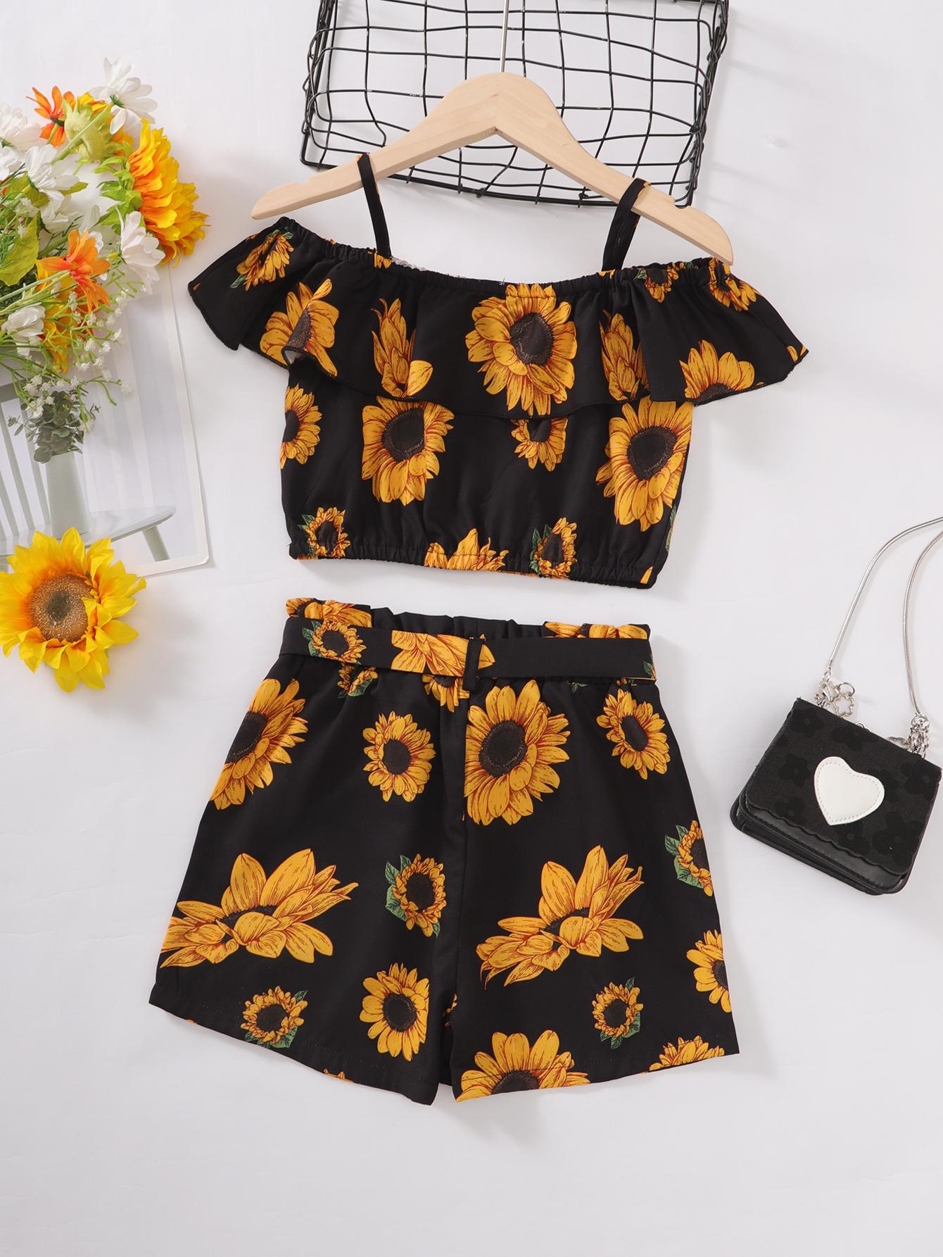 5-14Y Ready Stock Kids Girls Summer Outfits Sunflower Print Straps Lotus Leaf Collar Tops Elastic Shorts 2Pcs Clothes Set Black Catpapa 462302006