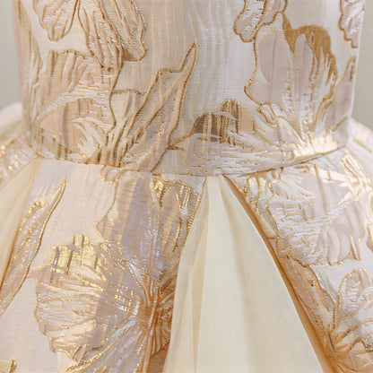Wholesale 2-10Y Girls Sleeveless Gold Floral Jacquard Tulle Princess Dress, Kids Birthday Party Soft Woven Formal Gown