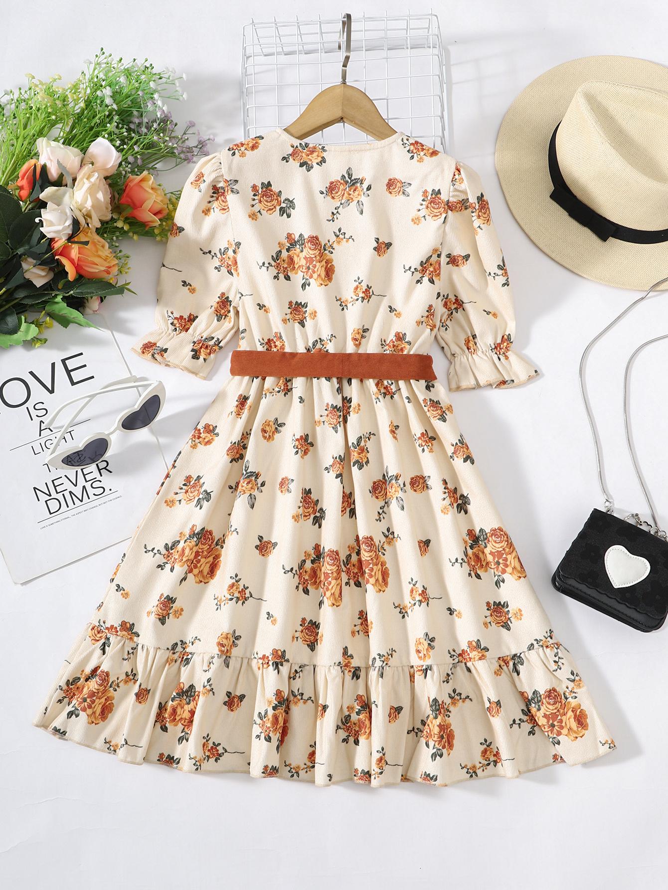 8-12Y Kids Fashion Girls Dress Bubble Sleeve Floral Print One Piece Sun Dress Apricot Catpapa GS112210604