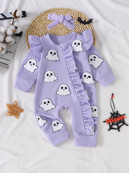 Wholesale 0-18M Baby Girls 2Pcs Ruffle Zipper Halloween Towel Embroidery Jumpsuit Set, Soft Waffle Knit Pumpkin Ghost Romper With Bow Headband