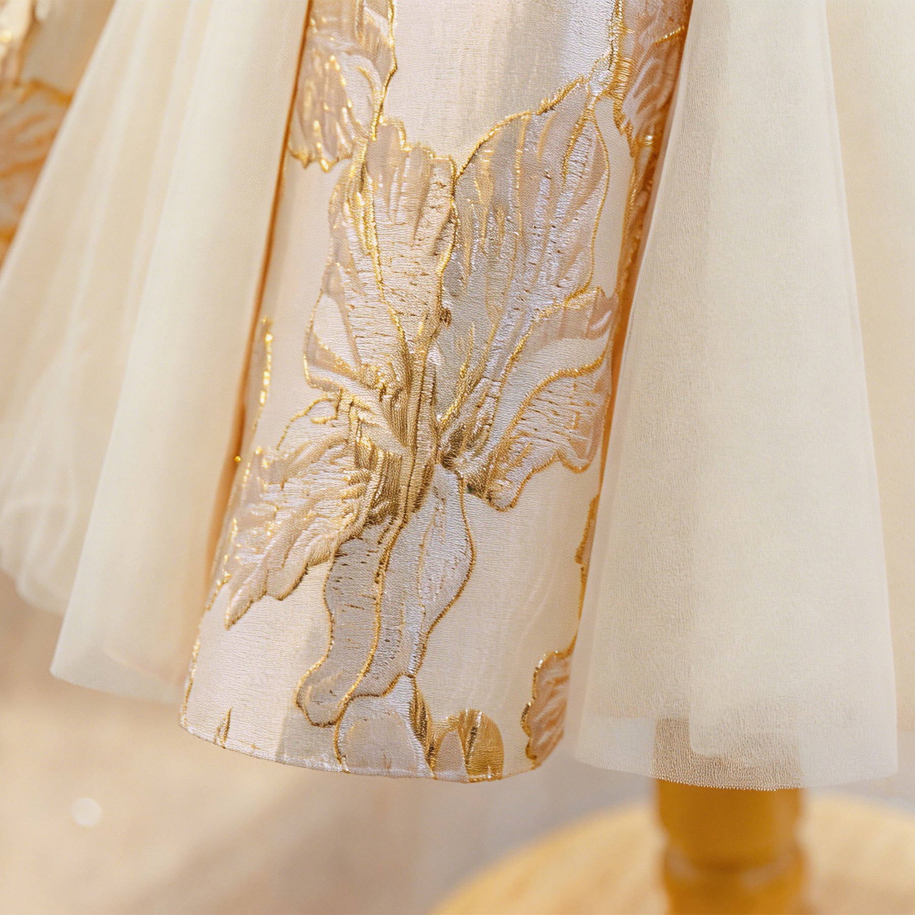 Wholesale 2-10Y Girls Sleeveless Gold Floral Jacquard Tulle Princess Dress, Kids Birthday Party Soft Woven Formal Gown