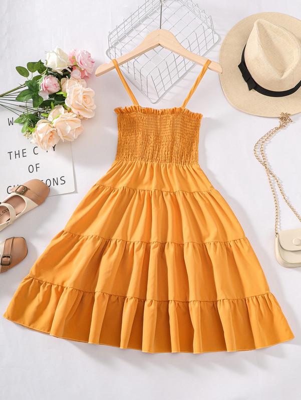 5-14Y Ready Stock Kids Girls Dress Straps Summer Smocking Layered Dress One Piece Sun Dress Yellow 462302013