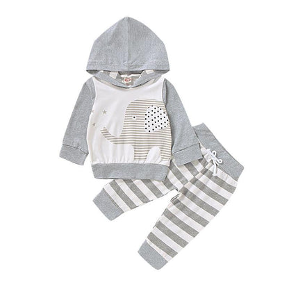 0-12M Newborn Baby boy Clothes Baby boyOutfits Hooded Long Sleeve Top Stripe Pants 2PCS Set Gray Catpapa 197240-1