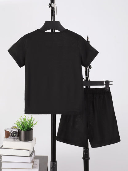 7-15Y Ready Stock  Big Boys Summer Clothes Three-color Splicing Short Casual Tee Elastic Shorts 2-Pieces Outfit Sets Black Catpapa 462401034/462401035