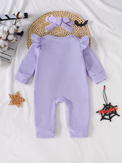 Wholesale 0-18M Baby Girls 2Pcs Ruffle Zipper Halloween Towel Embroidery Jumpsuit Set, Soft Waffle Knit Pumpkin Ghost Romper With Bow Headband