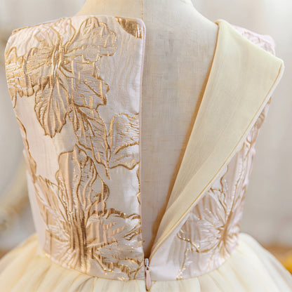 Wholesale 2-10Y Girls Sleeveless Gold Floral Jacquard Tulle Princess Dress, Kids Birthday Party Soft Woven Formal Gown