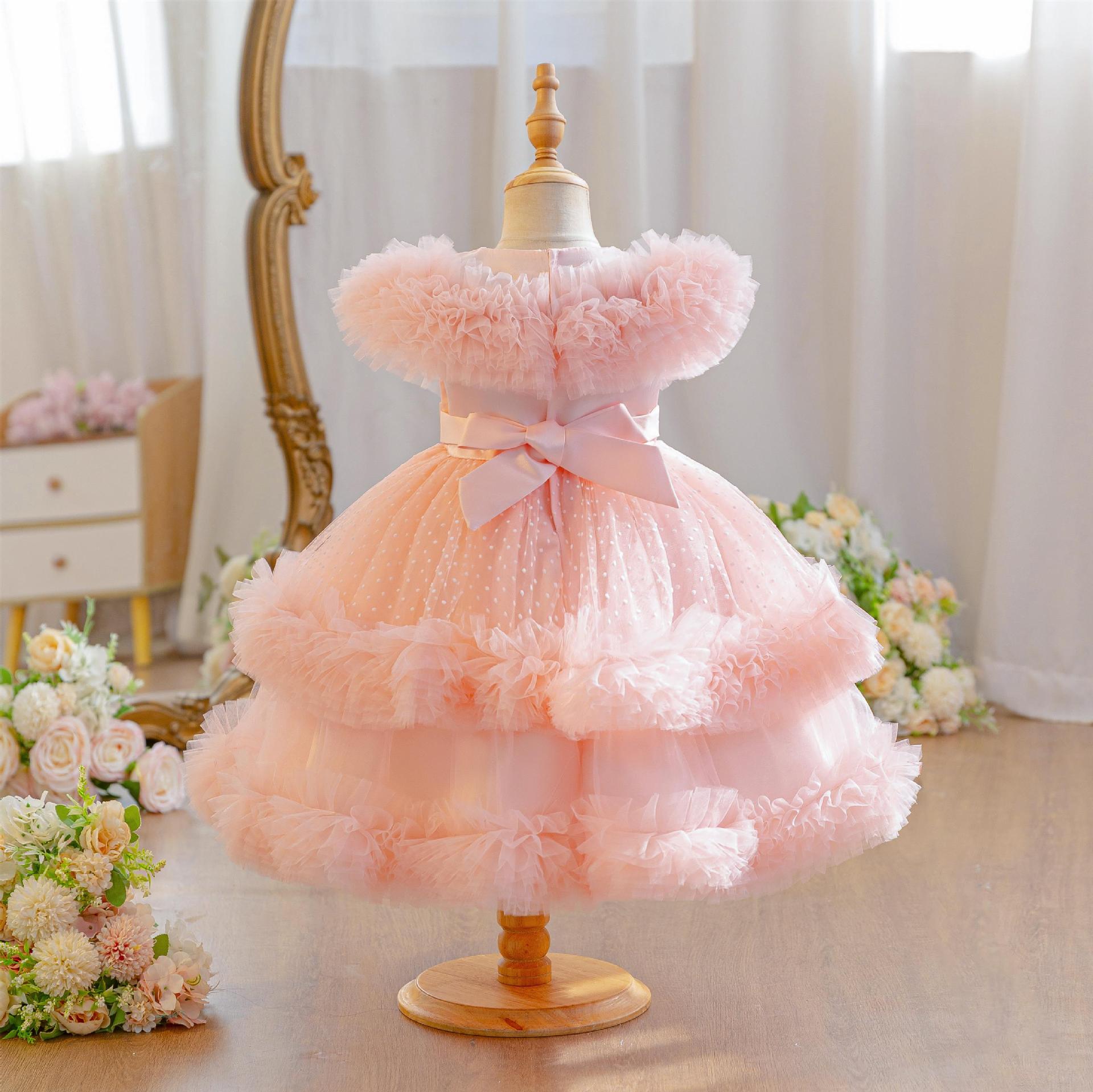 Wholesale 18M-7Y Girls Ruffle Tulle Polka Dot Princess Dress, Kids Birthday Party Rhinestone Bow Soft Mesh Formal Gown