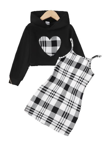 3-8Y Ready Stock Kids Toddler Girls Clothes Straps Checker Print Dress Heart Plaid Print Long Sleeve Sweater Hoodies 2Pcs Nice Apparel Clothes Set Black Catpapa 462308154