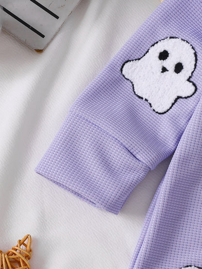 Wholesale 0-18M Baby Girls 2Pcs Ruffle Zipper Halloween Towel Embroidery Jumpsuit Set, Soft Waffle Knit Pumpkin Ghost Romper With Bow Headband