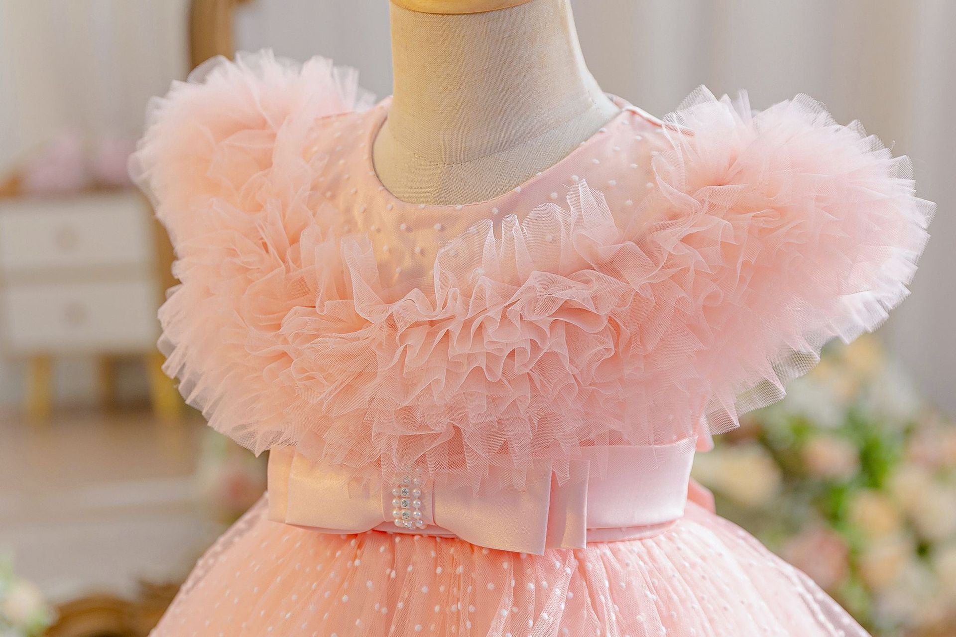 Wholesale 18M-7Y Girls Ruffle Tulle Polka Dot Princess Dress, Kids Birthday Party Rhinestone Bow Soft Mesh Formal Gown